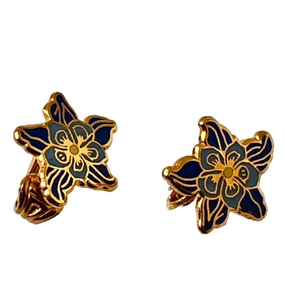 MMA Metropolitan Museum Art Blue Enamel Flower Clip-on Earrings Goldplate - Picture 10 of 11